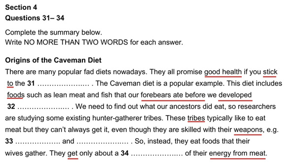 ielts listening sentence/summary Read the incomplete sentences/summary and Identify keywords