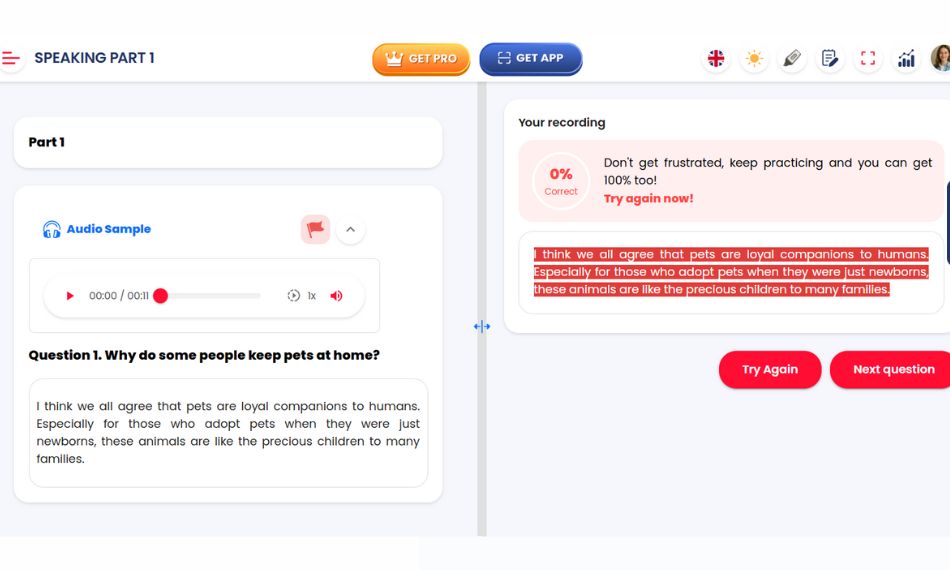 IELTS Speaking AI phân tích câu trả lời và chấm theo tiêu chí IELTS.