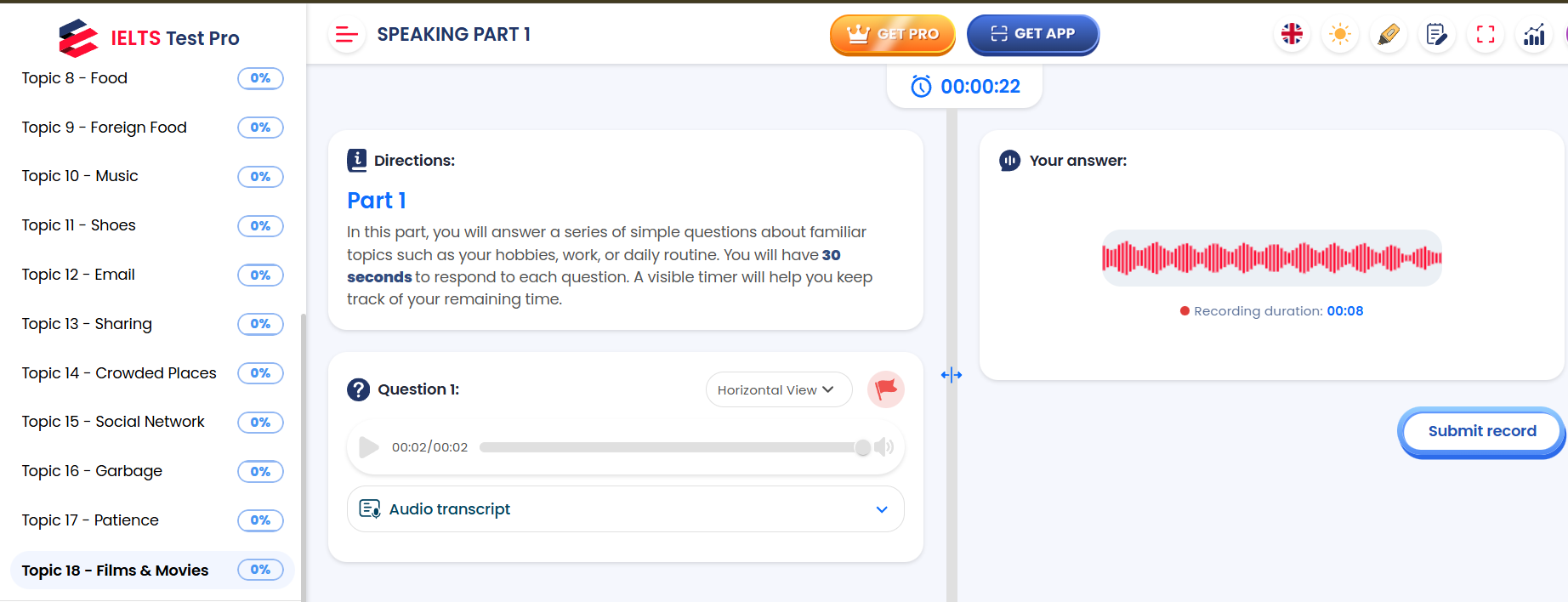 IELTS Test Pro Speaking AI tool