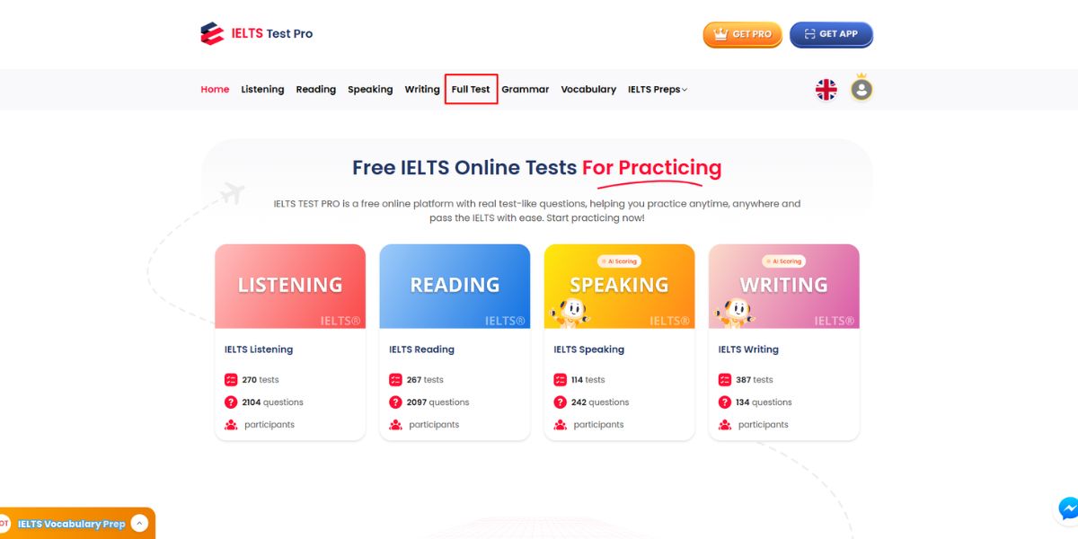 Truy cập website IELTS Test Pro, chọn mục Full Test trên thanh menu ngang.
