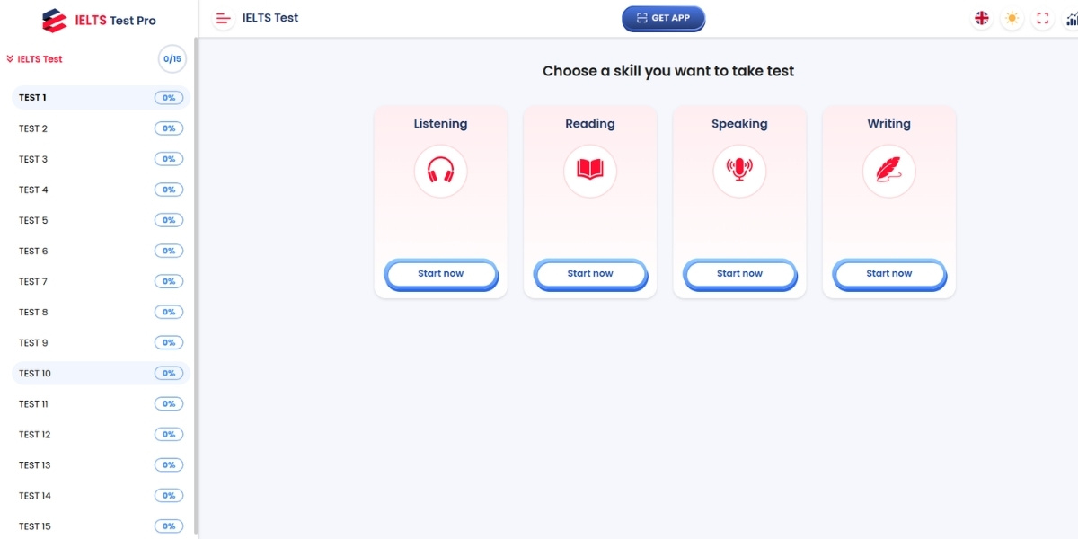 Lựa chọn kỹ năng bạn muốn thi thử (Listening, Reading, Speaking hoặc Writing)